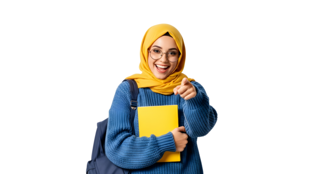 standing girl wearing a hijab and  pointing her finger to front  while holding a book in her hand, and carrying a bag over her shoulder isolated transparent background Modern Muslim Student  - Powered by Adobe
