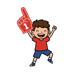 Fototapeta premium Excited Boy Cartoon Character Holding a Red Number One Foam Hand Sign.