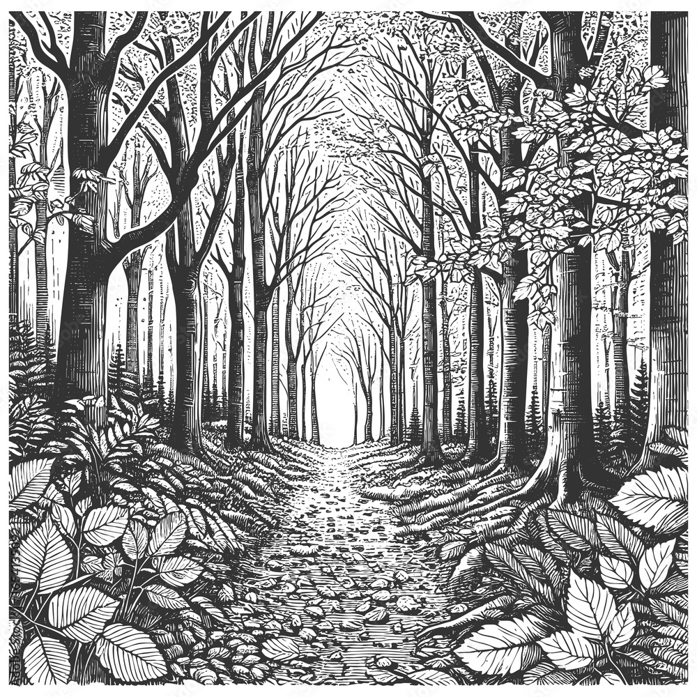 Poster winding path through a dense forest with tall trees, ferns, and scattered leaves on the ground sketc