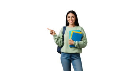 Young Student Pointing to left side while holding book and bag isolated on transparent background
