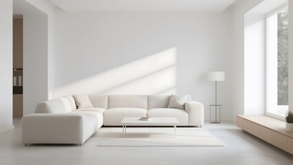 Modern minimalist living room with white furniture and natural light