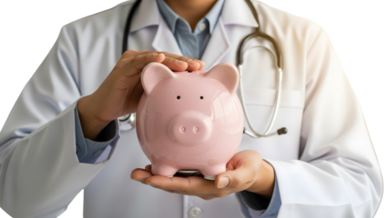 Doctor Holding Piggy Ban  Healthcare Savings Concept isolated on transparent background Healthcare insurance savings 
