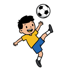 Dynamic cartoon illustration of a happy boy in a yellow shirt kicking a soccer ball.