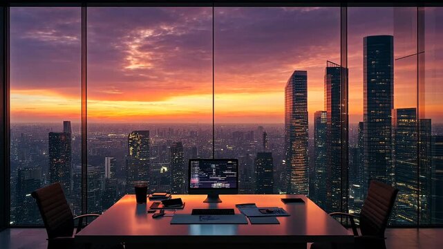 Modern workspace with sunset city skyscraper view
