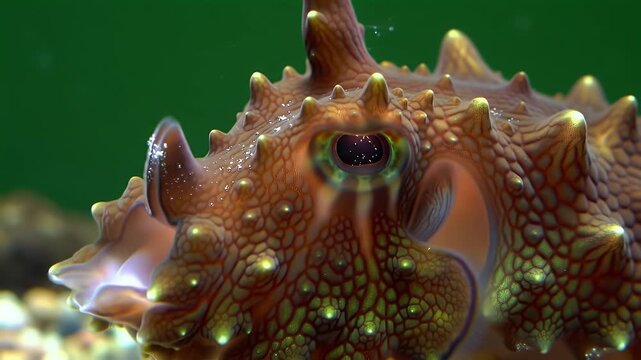 Close-up of a vibrant, textured octopus or cuttlefish with a prominent eye in an underwater setting