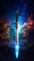 A glowing sword in a night sky