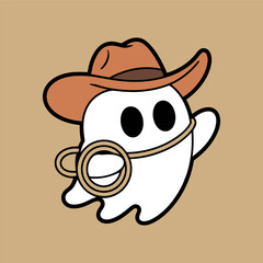 Cute Cowboy Ghost with Hat and Lasso Cartoon Illustration