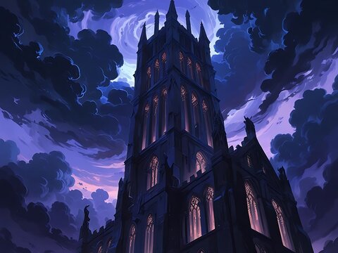 Gothic tower bathed in ethereal moonlight and stormy clouds