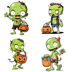 Funny Green Zombie Holding Halloween Treats