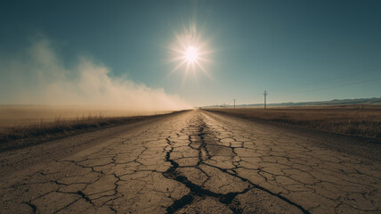 Cracked asphalt road under bright sunlight