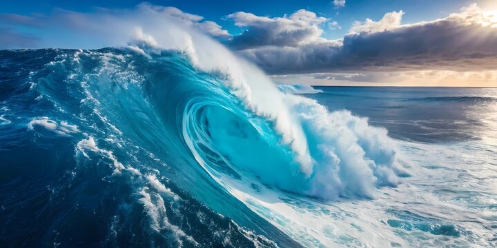 Blue Sea Wave Crashing in Open Ocean with Storm Clouds