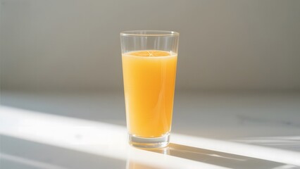 A glass of orange juice illuminated by natural light on a countertop