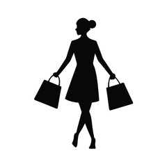 Silhouette of a woman carrying shopping bags in casual lifestyle with white background