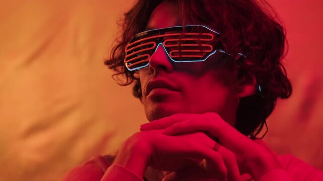 Medium close up portrait of stylish young brunette man wearing neon shutter glasses in orange lighting