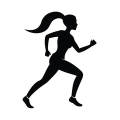Silhouette of a woman running with ponytail showing fitness and motion with white background