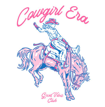 Vector t-shirt graphic showcases a cowgirl riding a horse. The bold text reads "Cowgirls," good vibes capturing a western, adventurous vibe.