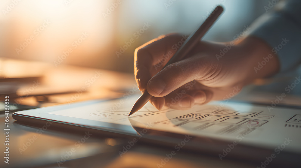 Aufkleber digital sketching: hand using a stylus to draw a design on a tablet. the soft lighting creates a war