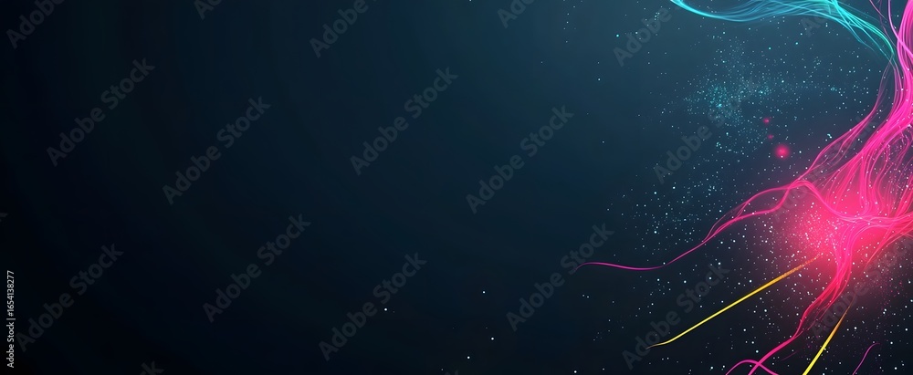 Poster vibrant, dynamic design with glowing lines and particles in a dark background.
