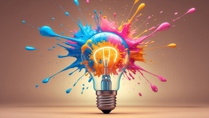 Explosion of colorful paint splashes around a glowing light bulb