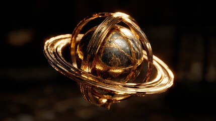 Golden sphere with swirling rings, dark background