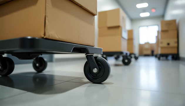 Stacked cardboard boxes on trolleys in warehouse corridor for efficient storage and logistics with copy space; organized transport