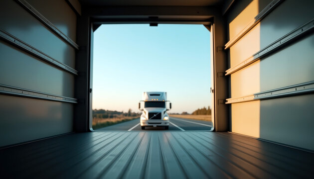 Open truck cargo space with copy space and highway scene featuring oncoming semi truck; transport journey