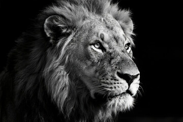 Majestic black and white lion portrait with intense gaze and thick mane, powerful wildlife close-up on dark background