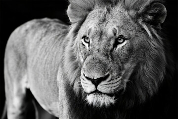 Majestic black and white lion portrait with intense gaze and thick mane, powerful wildlife close-up on dark background
