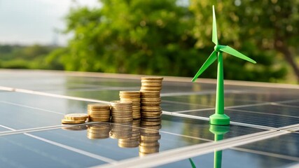 Renewable energy investment with stacked coin, wind turbine, solar panel showing financial growth and sustainability concepts - Powered by Adobe