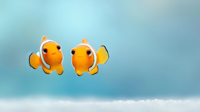 Two adorable orange and white clownfish swimming together