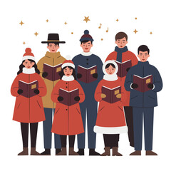 A diverse group of Christmas carolers singing joyfully from songbooks while wearing warm winter coats and hats.