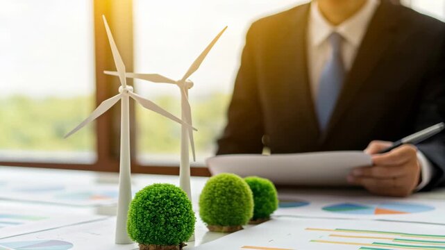 Renewable energy investment concept featuring wind turbine model and green plant on office desk highlighting sustainable business and financial growth