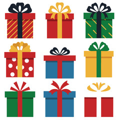 Set of nine colorful flat-style wrapped gift boxes with various patterns ribbons and decorative bows.