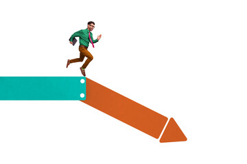 Artwork collage picture of mini elegant guy hold netbook running arrow pointer down isolated on...