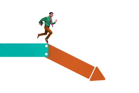 Artwork collage picture of mini elegant guy hold netbook running arrow pointer down isolated on creative beige background