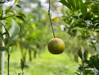Single Green Orange Hanging on Branch in Orchard.