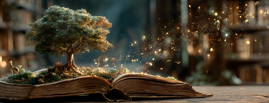 The concept of education by planting a tree of knowledge in the opening of an old book in the library and the magical magic of light that flies to the destination of success. Beautiful background