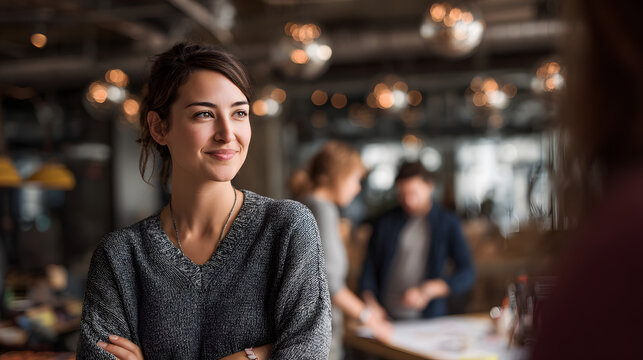 Confident woman in workspace. Teamwork, collaboration and innovation. Inspiring office environment with bright lighting.