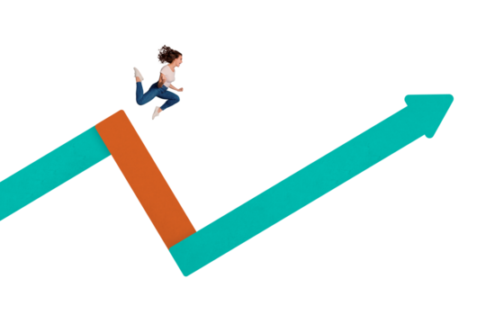 Image poster collage of funky crazy girl running fast forward dream huge arrow pointer isolated on drawing white background