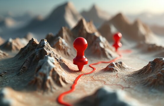 Red map pins mark route across mountainous terrain topographic map. Location markers show journey path through remote landscape. Navigation planning for adventure travel discovery, exploring - Powered by Adobe