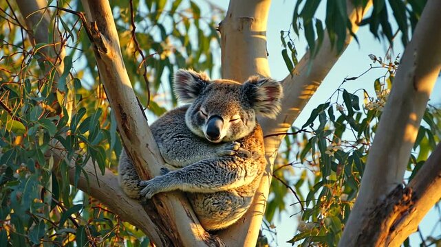 A serene koala resting in a eucalyptus tree, surrounded by lush greenery at sunset