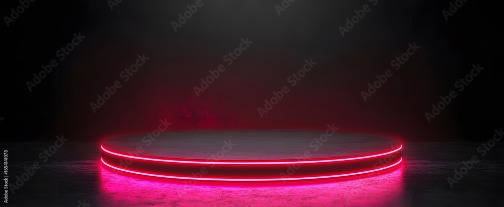 Poster empty circular platform with vibrant pink neon lighting, creating a captivating and modern presentat