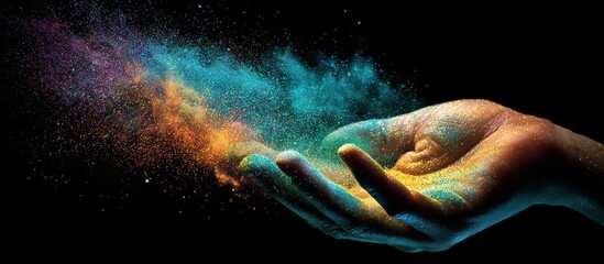 Open hand releasing colorful dust against black background