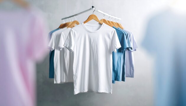 Blank white and blue t-shirts hang on a wooden clothes rack against a light gray wall.