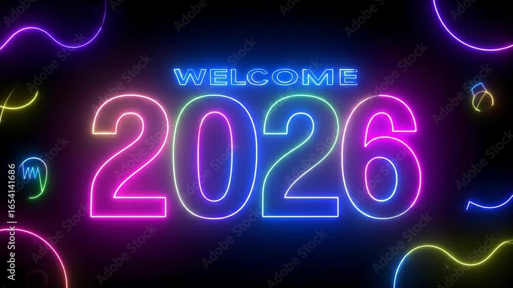 Poster glowing neon welcome 2026 message animation loop in dynamic colorful futuristic style