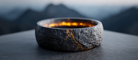 Stone ring with glowing interior on a stone surface, mountain backdrop