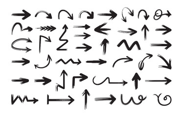 hand-drawn arrows, each in a rough sketch style, with messy charcoal or ink texture, black vector, clean layout, includes curved, zigzag, straight, spiral, split, looping, and scribble arrow types