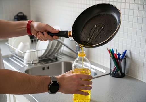 Pouring Used Cooking Oil into Bottle for Recycling