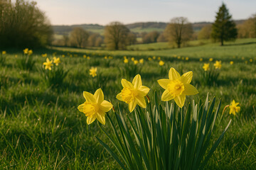Yellow Daffodils in Spring Meadow