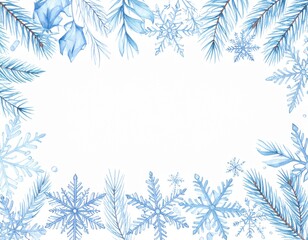 Obraz premium Winter decorative border illustration with delicate snowflakes, icy crystals, and pine branches, elegant and refined design for cards, invitations, posters, and seasonal decorations